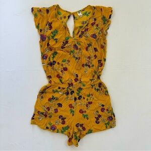 Old Navy Yellow Floral Romper Smocked Waist Keyhole Front Size XS